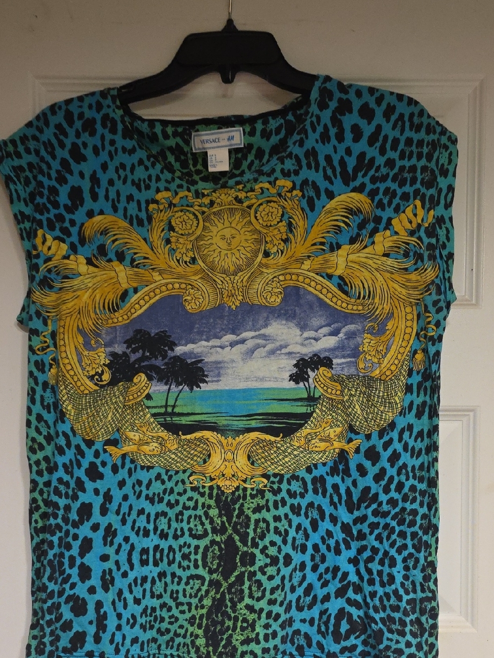 Versace Turquoise, Yellow & Black Baroque Beach Tee T-shirt Top